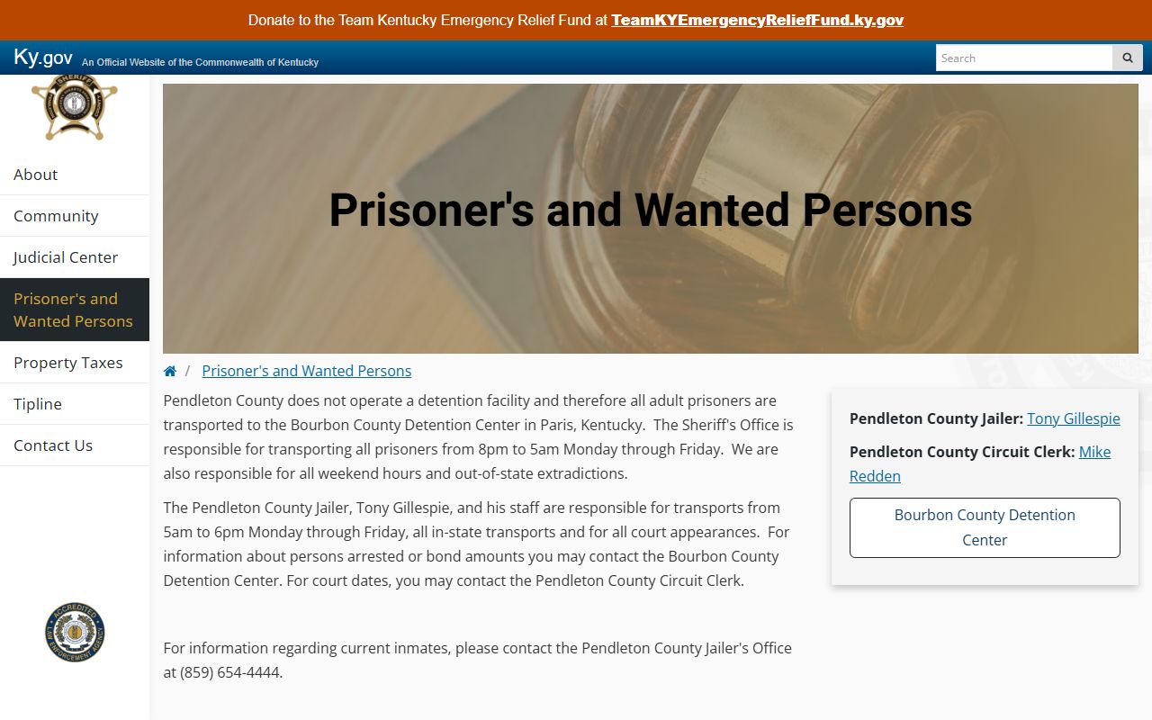 Pendleton County prisoner page explaining inmate custody and regional jail routing