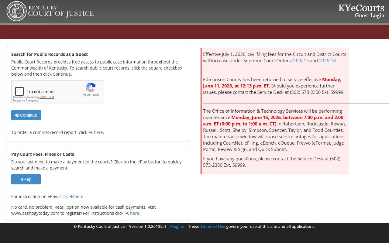KYeCourts guest public records access screen with checkbox and continue option