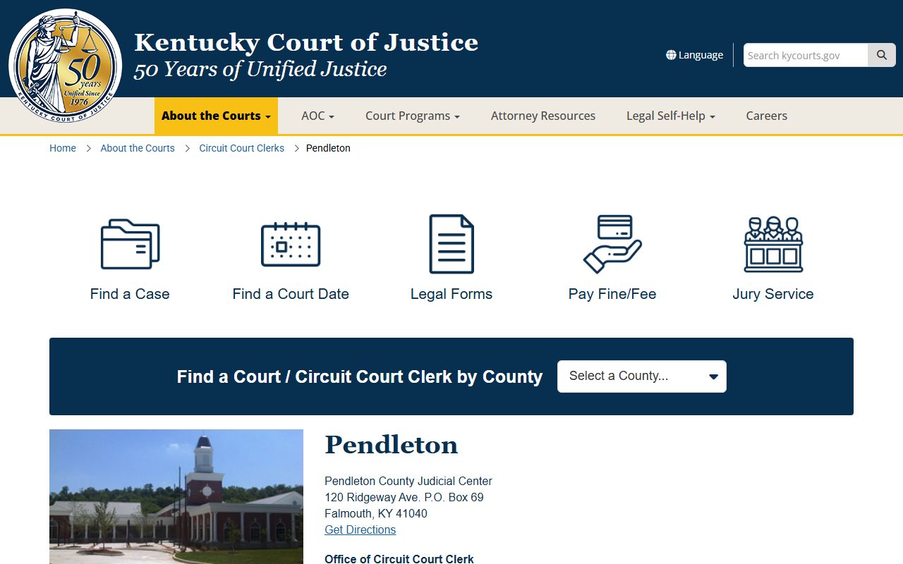 Pendleton County Kentucky Court of Justice court page showing clerk and court access information